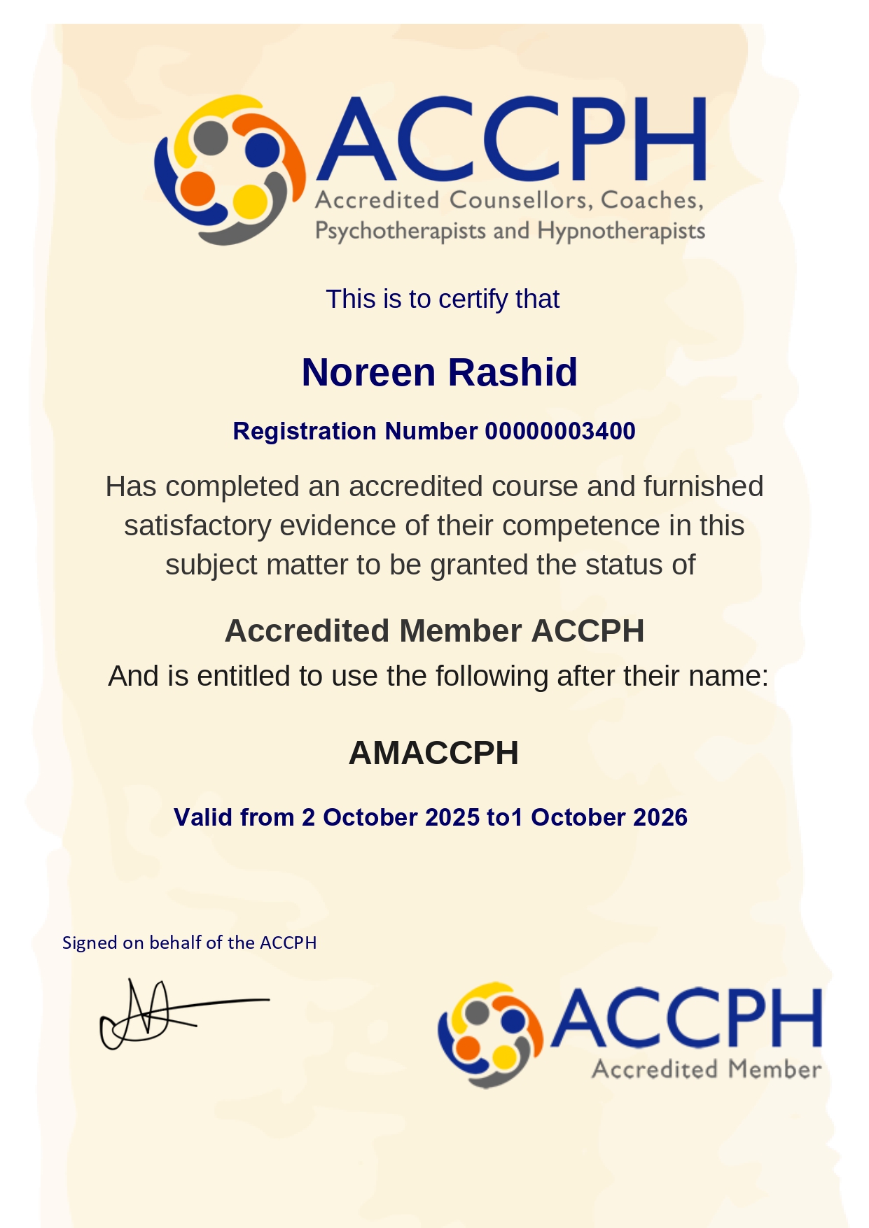 Membership Certificate for ACCPH to show Noreen is accredited to help with mindset coaching